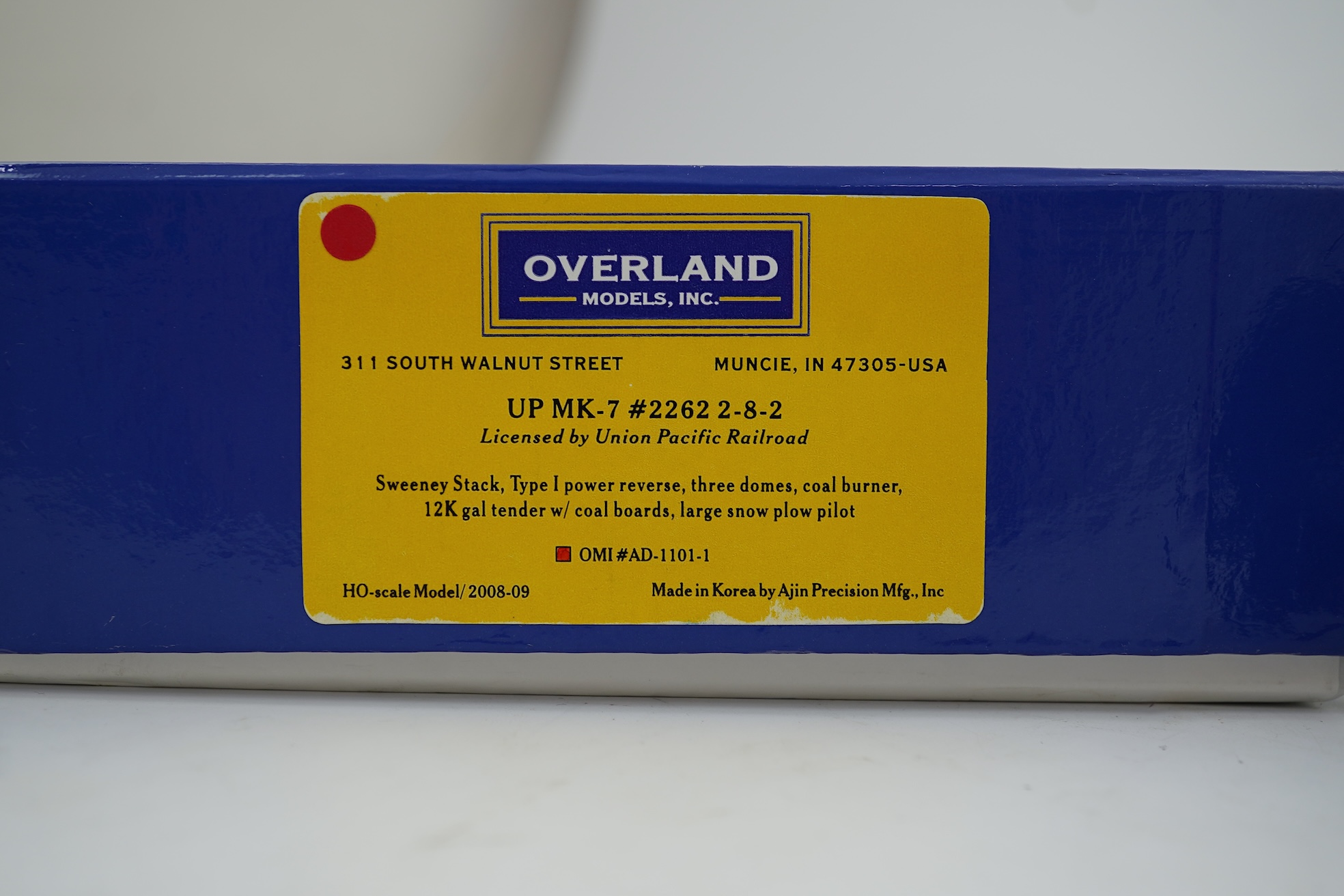 A boxed HO gauge Overland Models Inc. model of Union Pacific MK-7, 2262, 2-8-2 locomotive with bogie tender, powered for two rail operation.